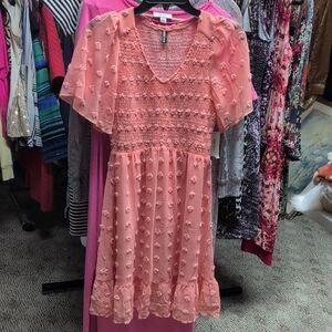 Chic Coral Midi Dress with Floral Accents